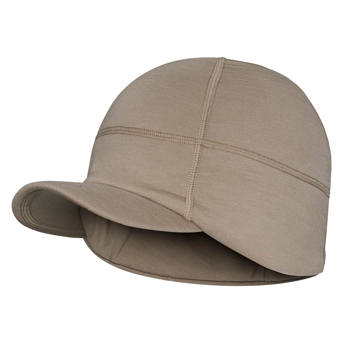 Tan flexible skull cap with a short, soft brim and visible panel stitching.