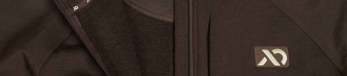 Dark brown zip-up jacket with fleece lining and embroidered logo.