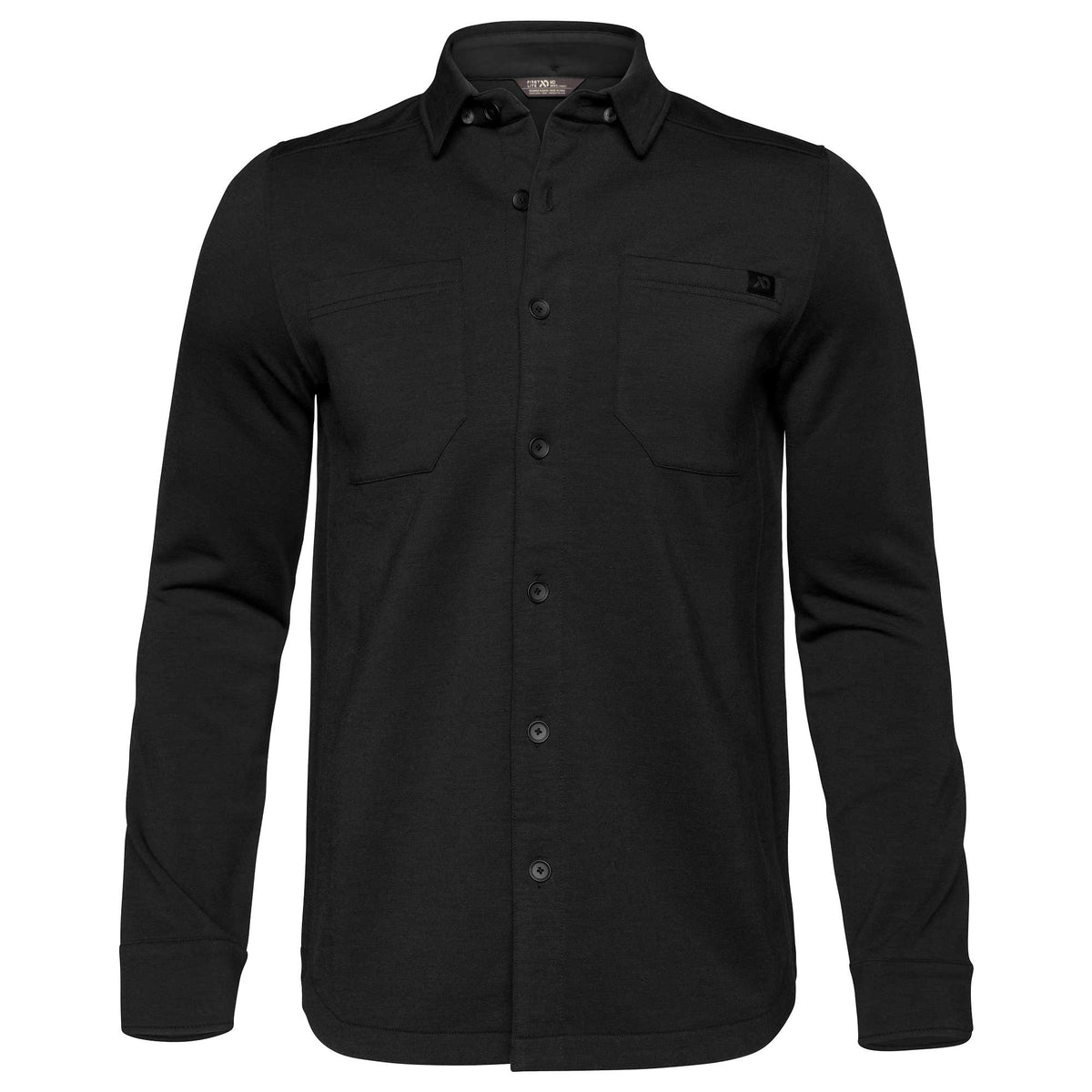 Black long-sleeve collared shirt with a full button front, two chest pockets, and a black logo patch on the right pocket.