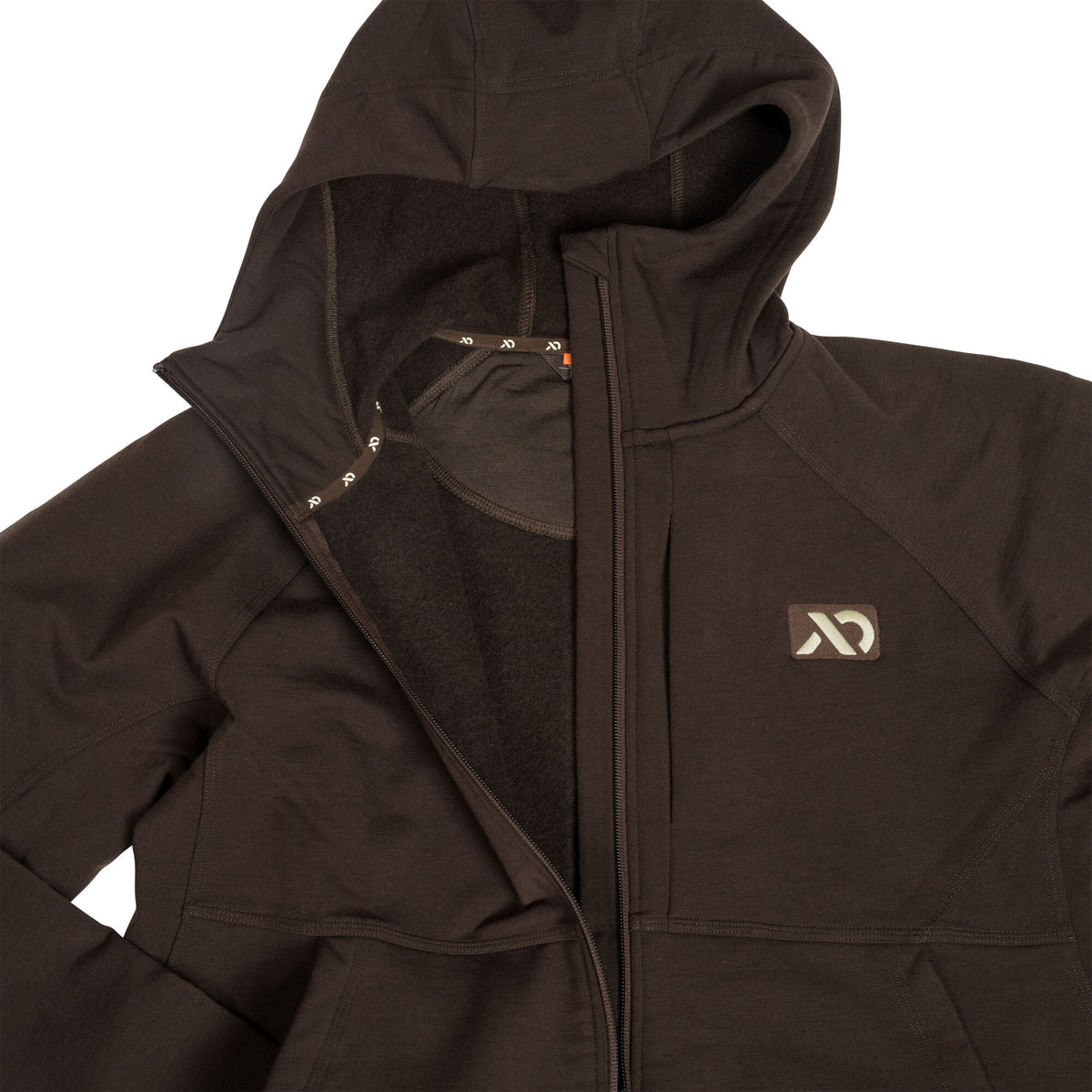 Dark brown full-zip hoodie with a hood, partially unzipped revealing fleece lining, and a light logo on the left chest.