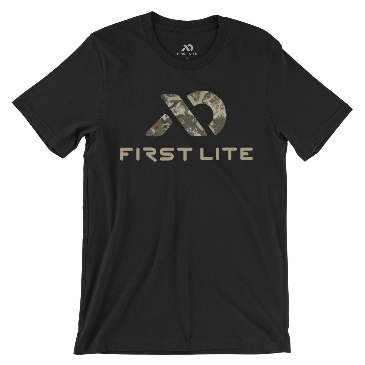 Black t-shirt with an abstract camouflage logo, "FIRST LITE" text