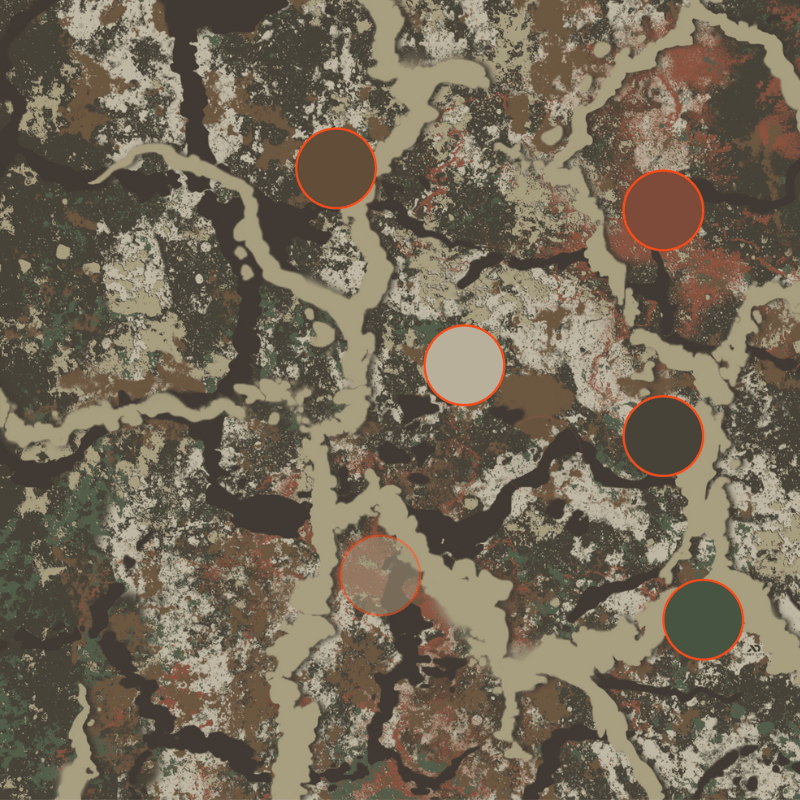 Earthy camouflage pattern with 6 color samples highlighting brown, tan, green, and red tones.