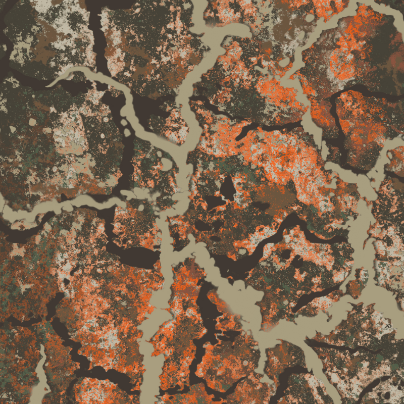 Cracked earth camouflage pattern in mottled orange, brown, green, and tan.