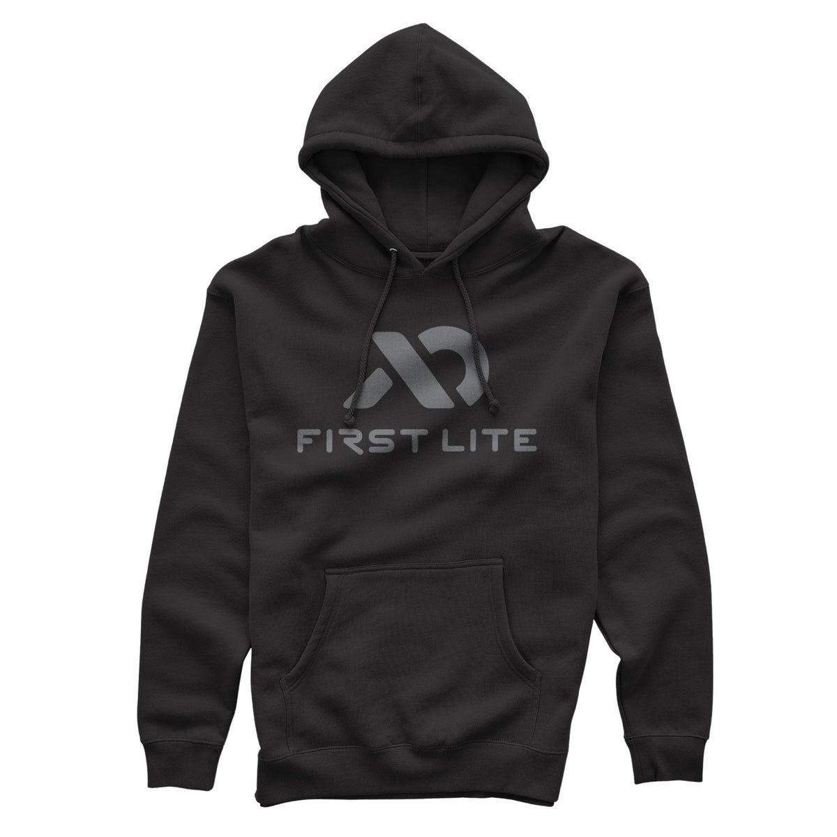 Black hoodie with a gray First Lite logo, hood with drawstrings, and a kangaroo pocket.
