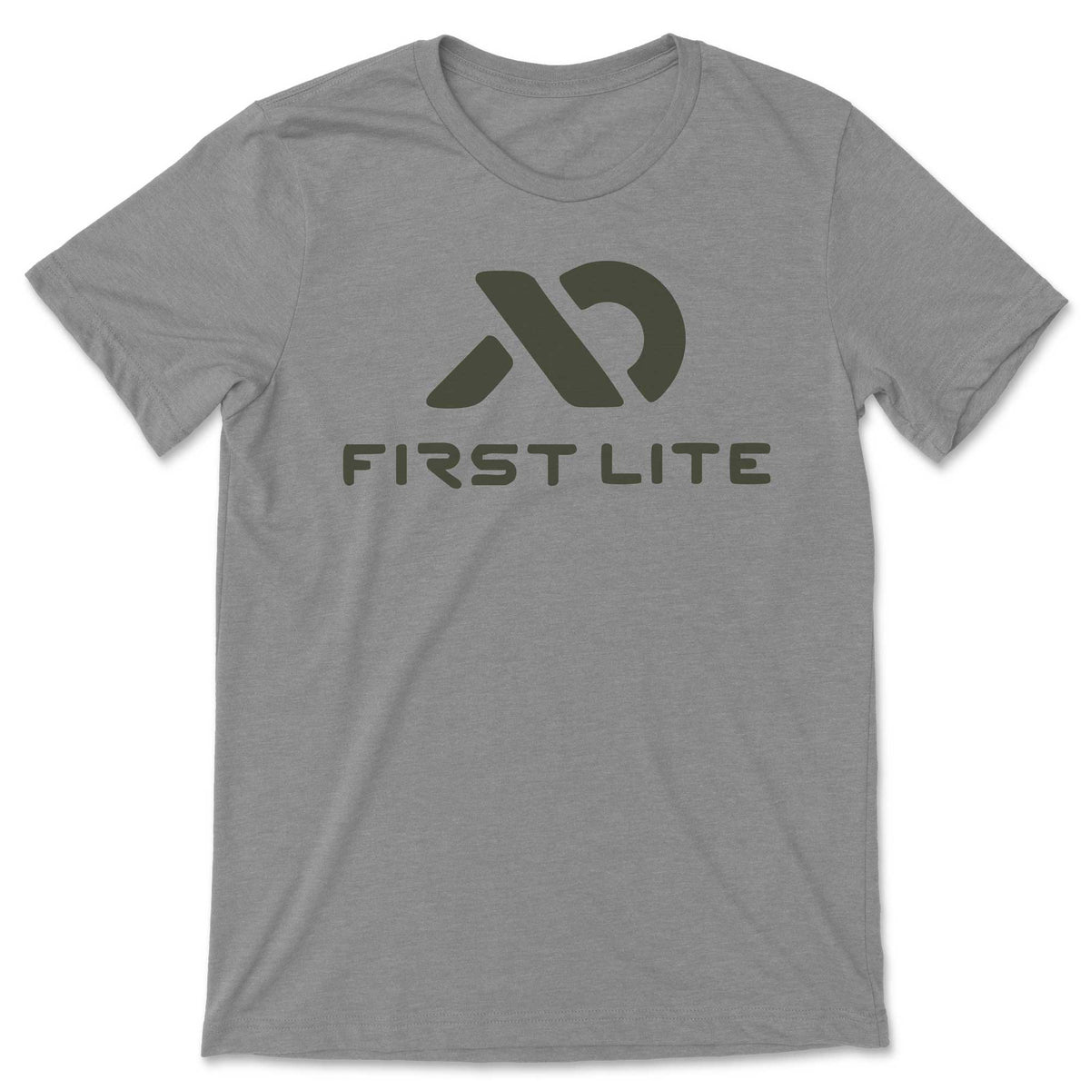 Gray short-sleeve t-shirt featuring a dark gray abstract logo and "FIRST LITE" text on the chest.