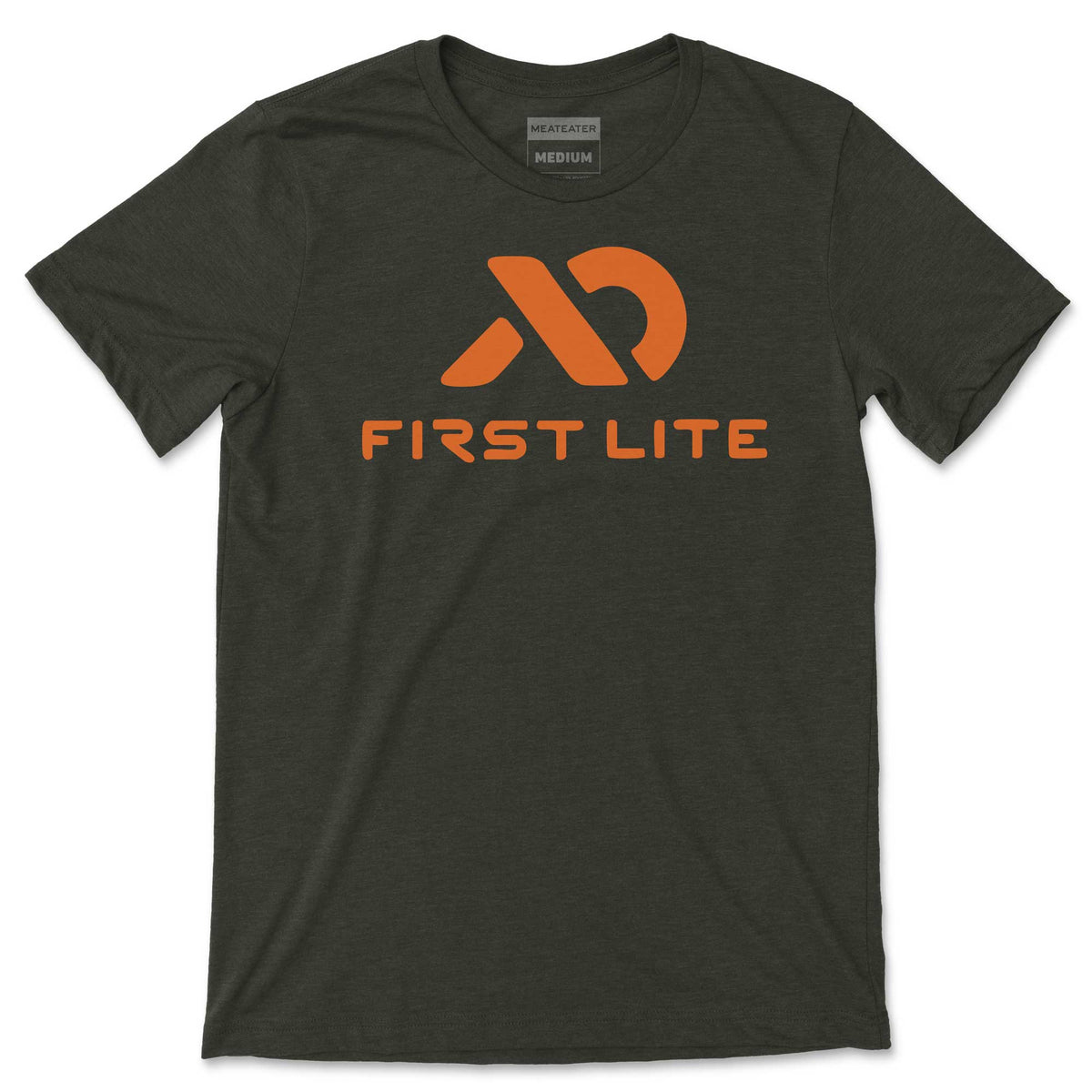 Dark heather gray t-shirt with an orange First Lite logo and text on the front, and a visible Meateater Medium collar tag.