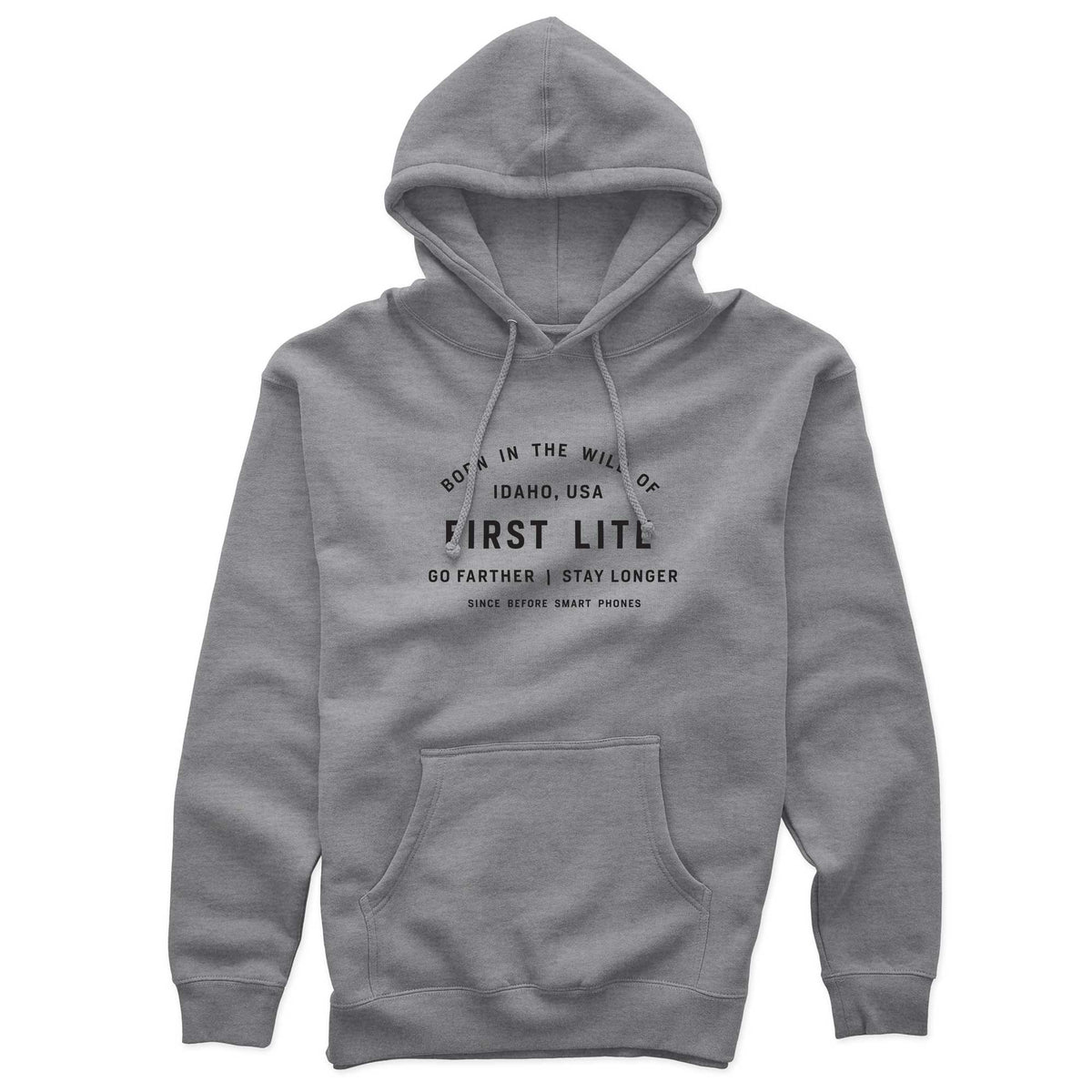 Grey hoodie with a hood, drawstrings, kangaroo pocket, and a black graphic print including 'FIRST LITE' and 'IDAHO, USA'.