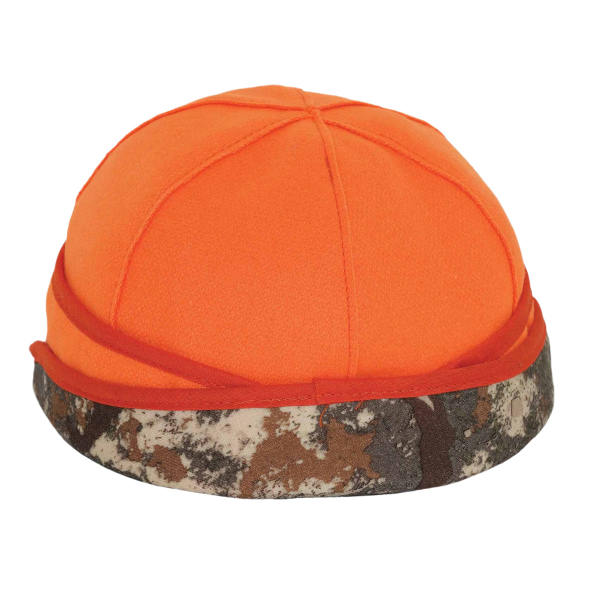 Bright orange fleece hat with a camouflage bottom band, separated by a thin orange trim.