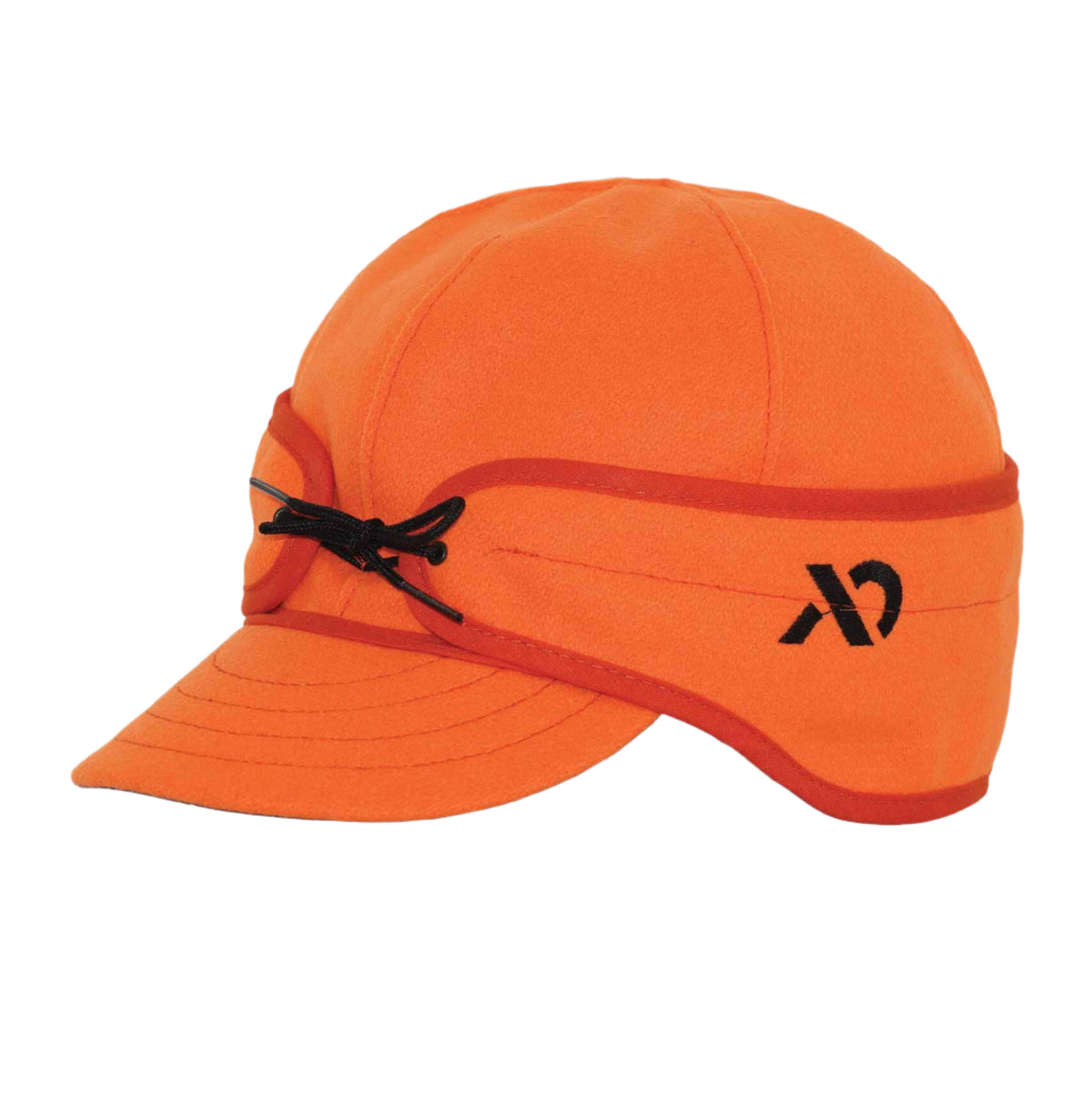 Bright orange fleece earflap cap with black cord ties and a black logo on the right side.