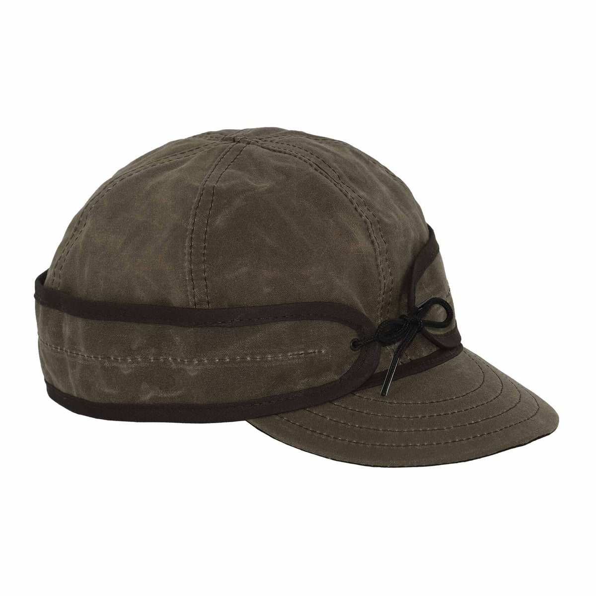 Olive green waxed canvas cap with dark brown adjustable side flaps tied with a black cord and silver toggles.