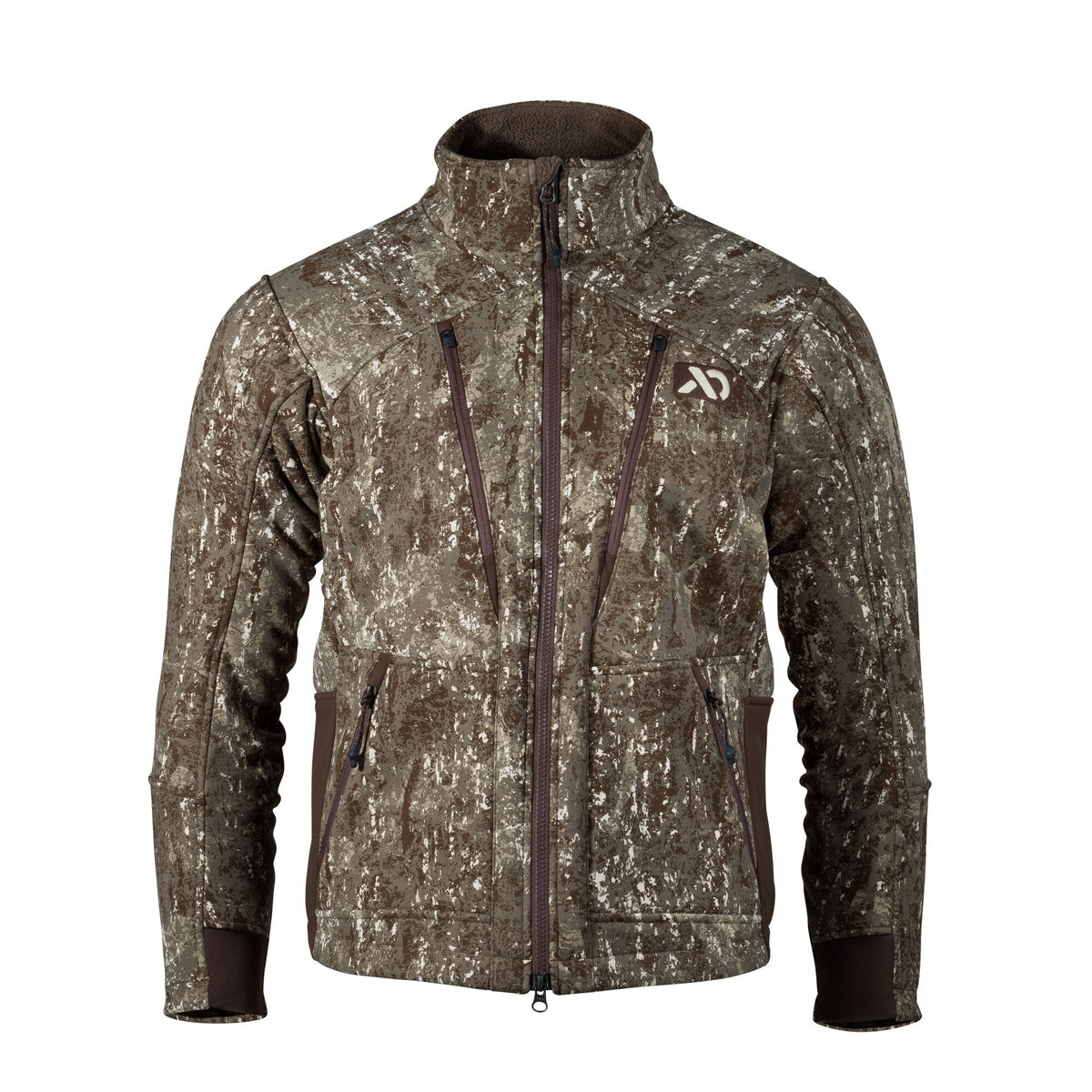 Mottled brown, grey, and white camouflage jacket with a full-zip front, high collar, four zippered pockets, and a brand logo.