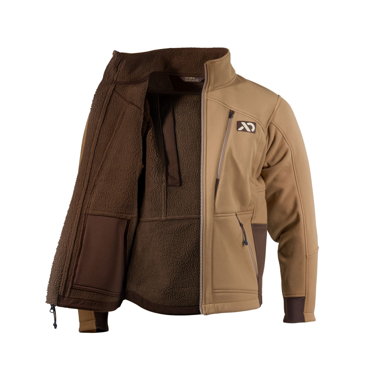 Tan full-zip jacket with dark brown fleece lining, a zippered chest pocket, and an 'AX' logo on the left chest.