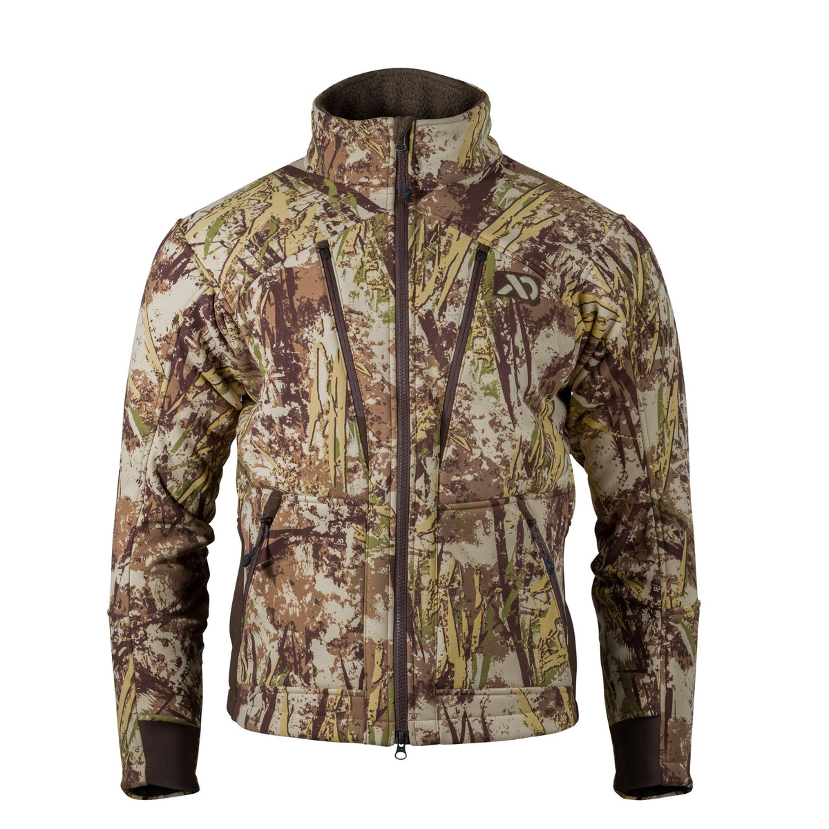 Brown, green, and tan camouflage hunting jacket with a full brown zipper, high fleece-lined collar, and four zippered pockets.