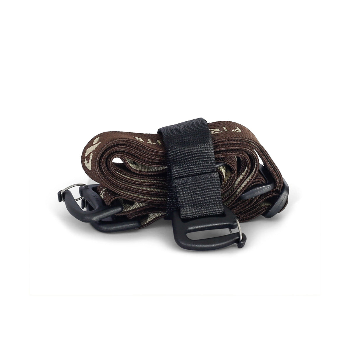 Brown webbing strap with light patterned text, rolled and held by a black keeper loop, featuring black plastic buckles, one with an attached metal ring.