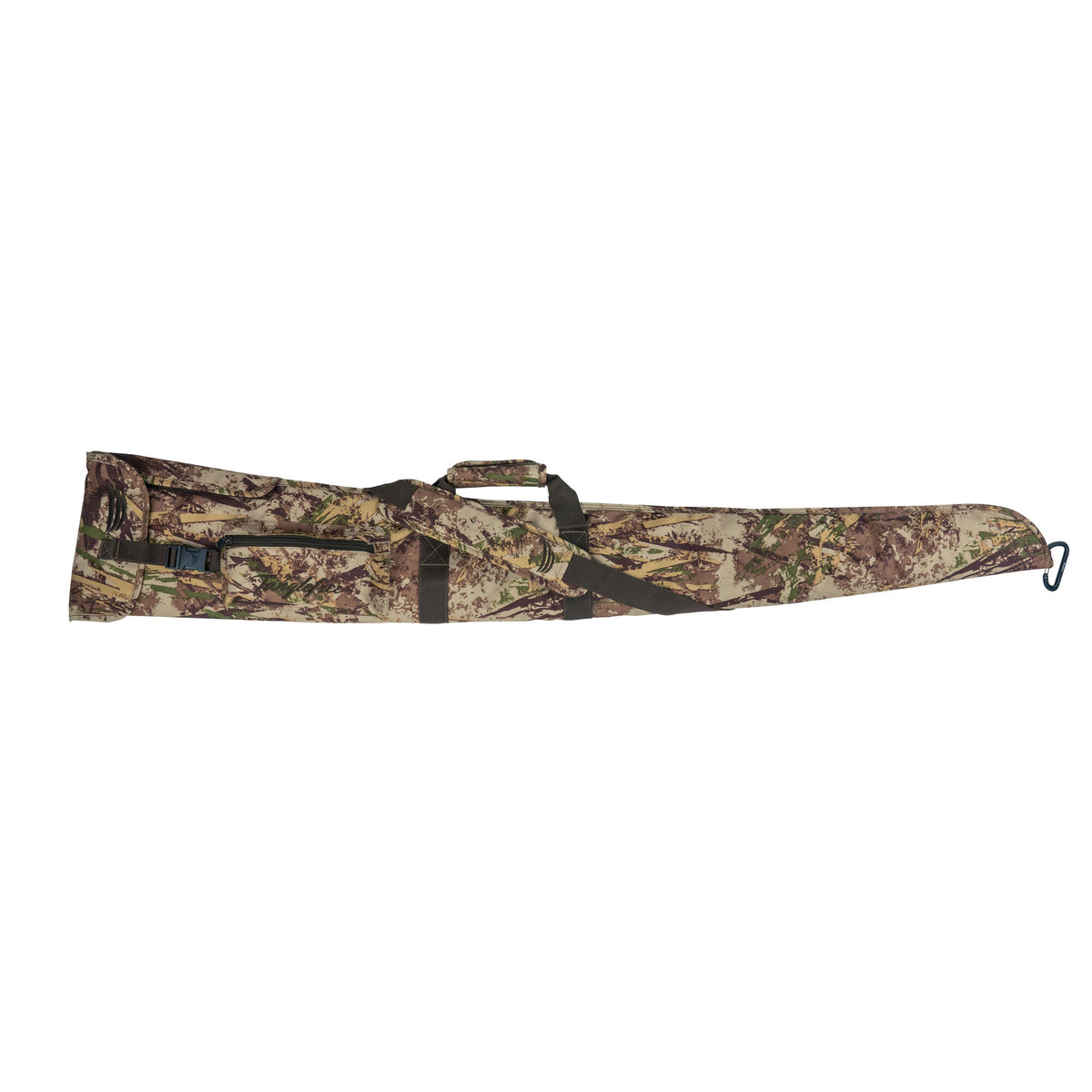Brown and green camouflage soft gun case with a carry handle, shoulder strap, zippered pocket, and carabiner clip.