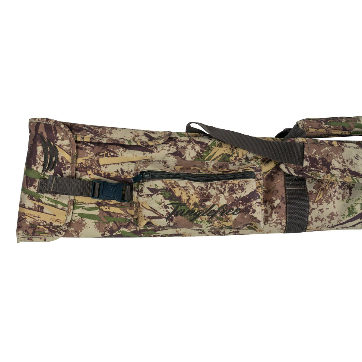 Camouflage rifle case with padded shoulder strap, zippered pocket, quick-release buckle, and claw logo.