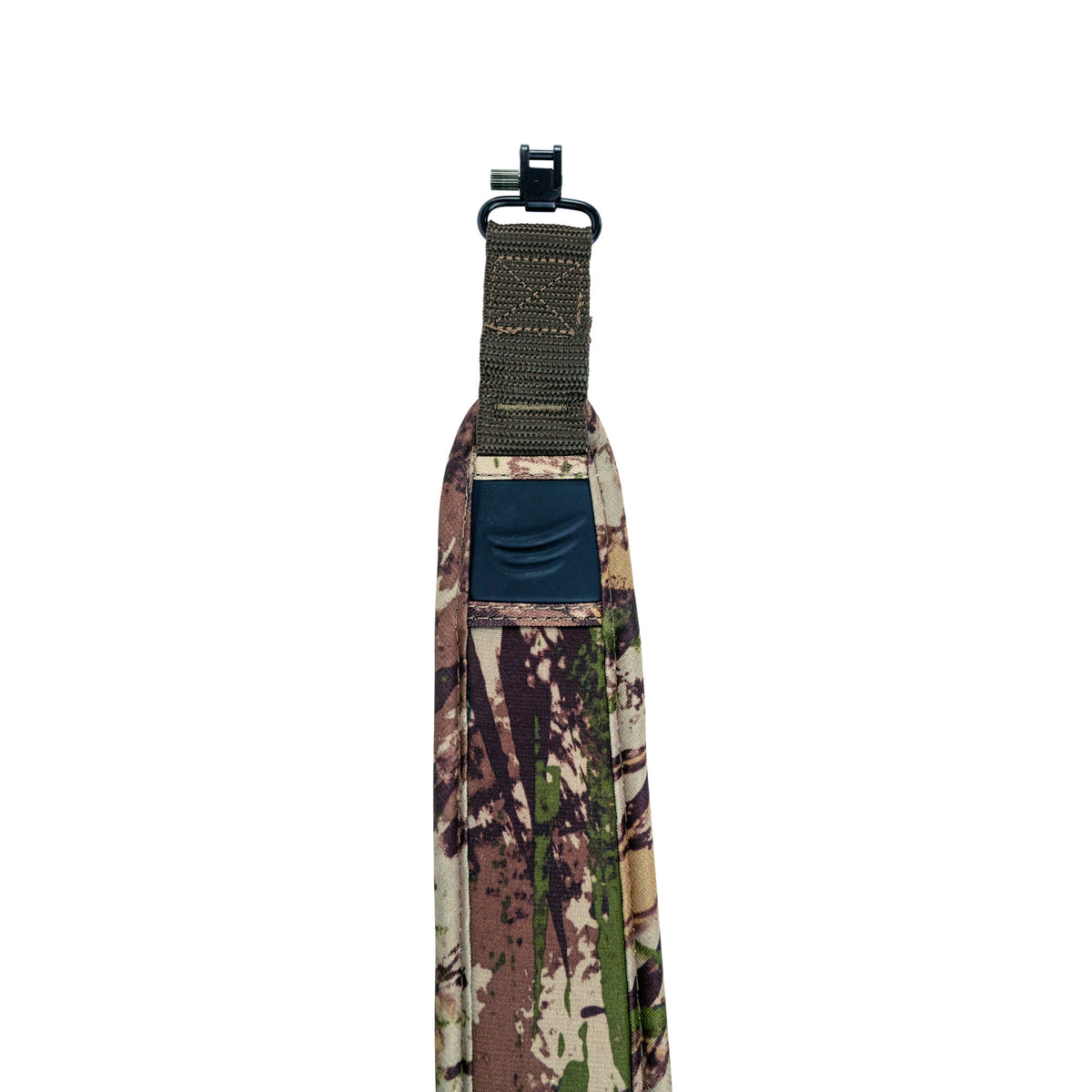 Camouflage sling featuring a black quick-detach swivel and a black rubberized grip.