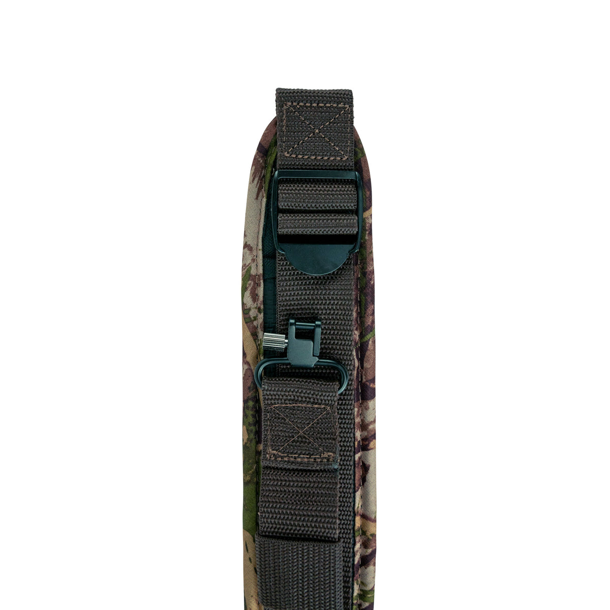 Camo padded sling with dark webbing, an adjustable plastic buckle, and a metal quick-release swivel.