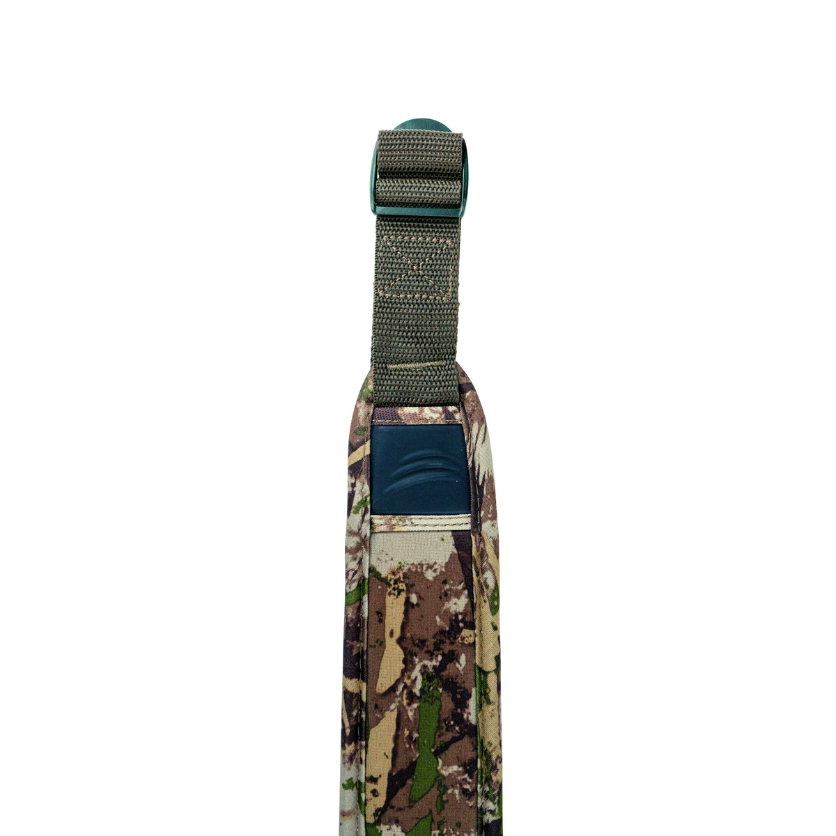 Camo padded sling with dark green adjustable buckle and a black textured anti-slip pad.