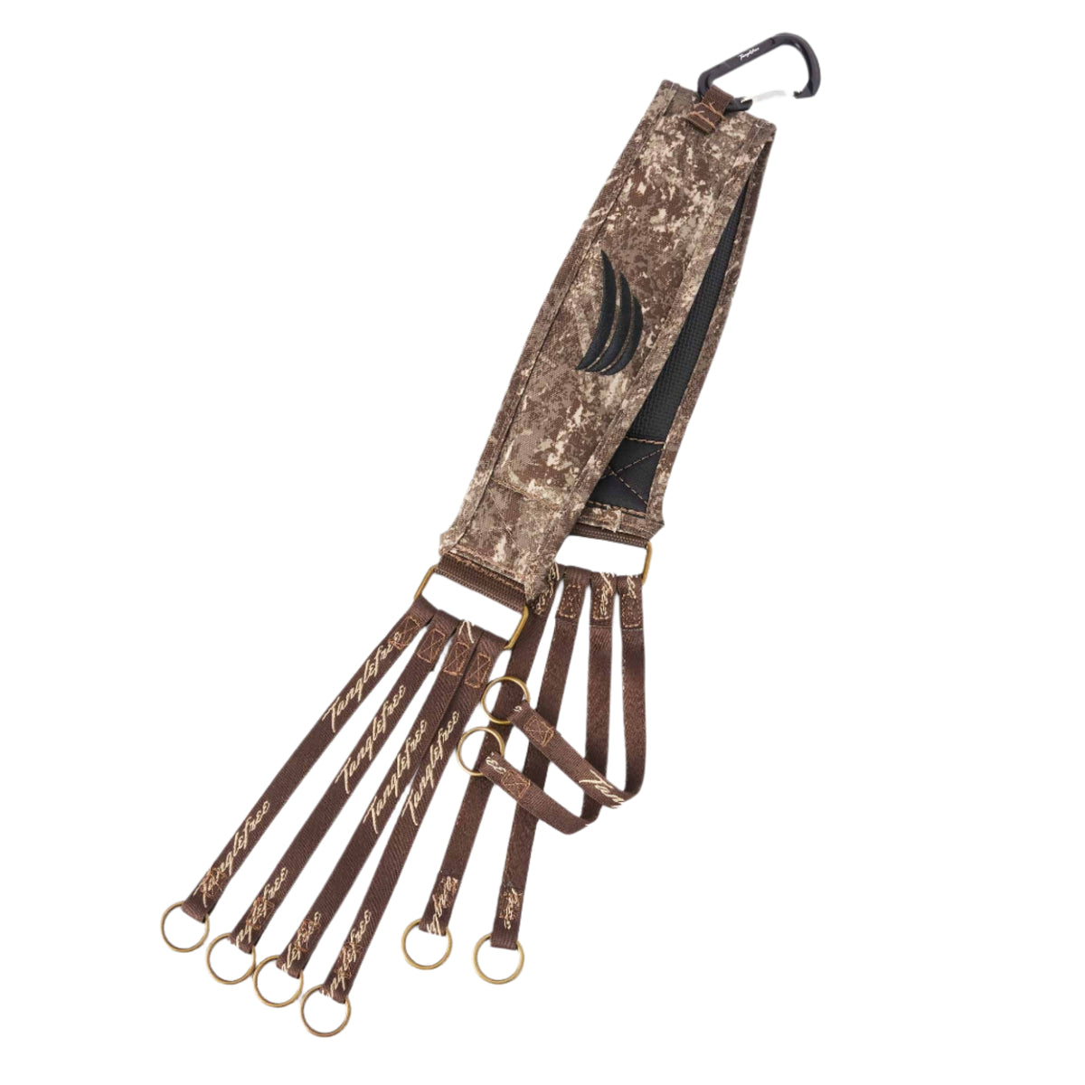 Brown camouflage strap with a black carabiner, black claw logo, and twelve individual brown straps with brass rings labeled "Tanglefree."
