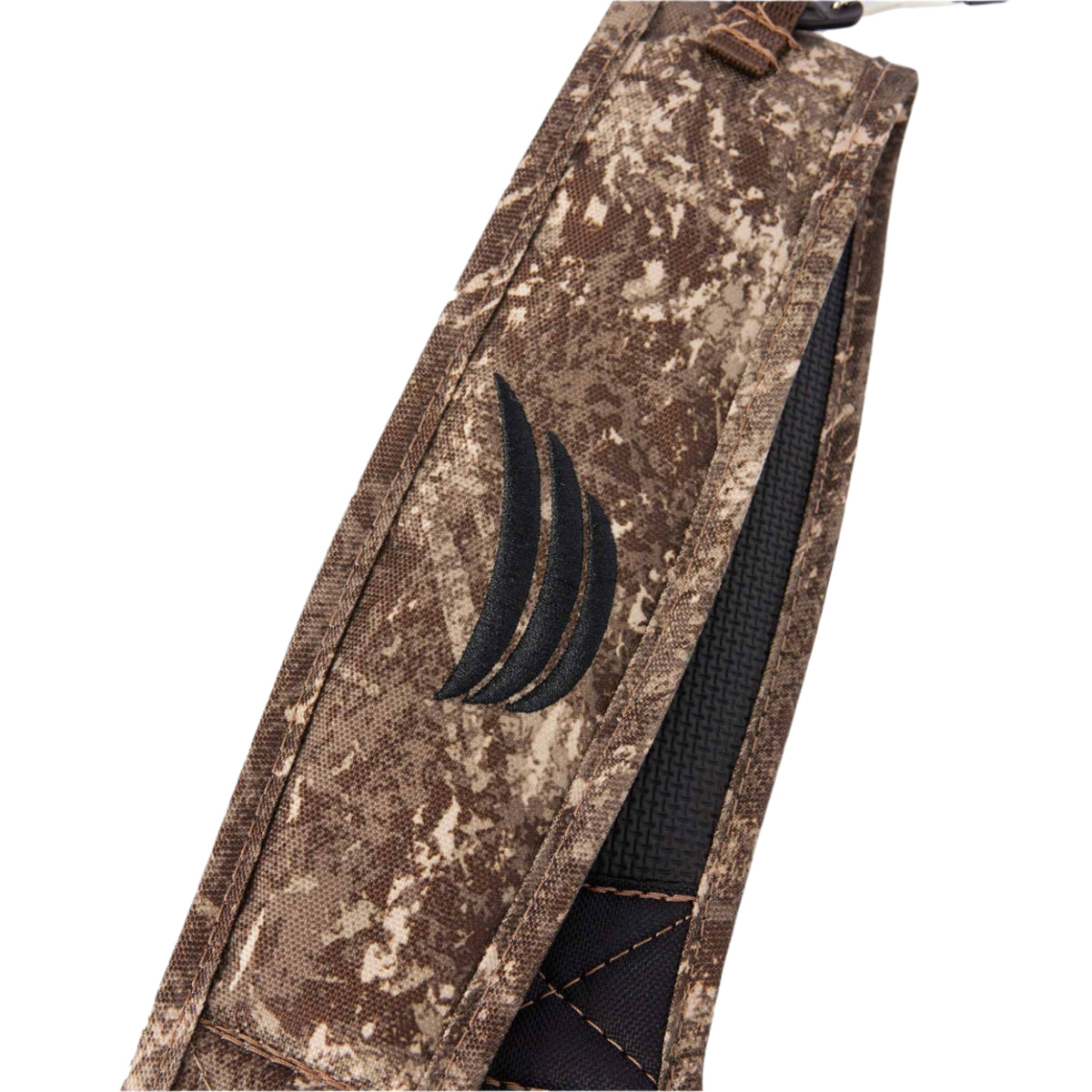 Brown camouflage rifle sling featuring a black textured grip pad and an embroidered black logo.