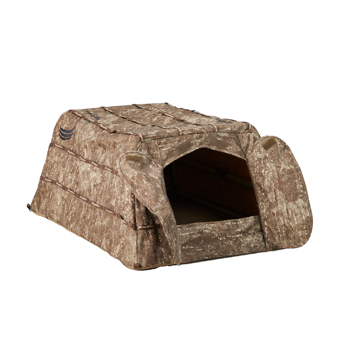 Brown and tan camouflage low-profile hunting blind with an open entrance and Tanglefree branded straps.