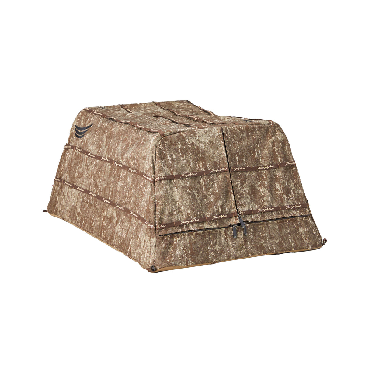 Brown camouflage dog hunting blind with Tanglefree stubble straps and front zippers.