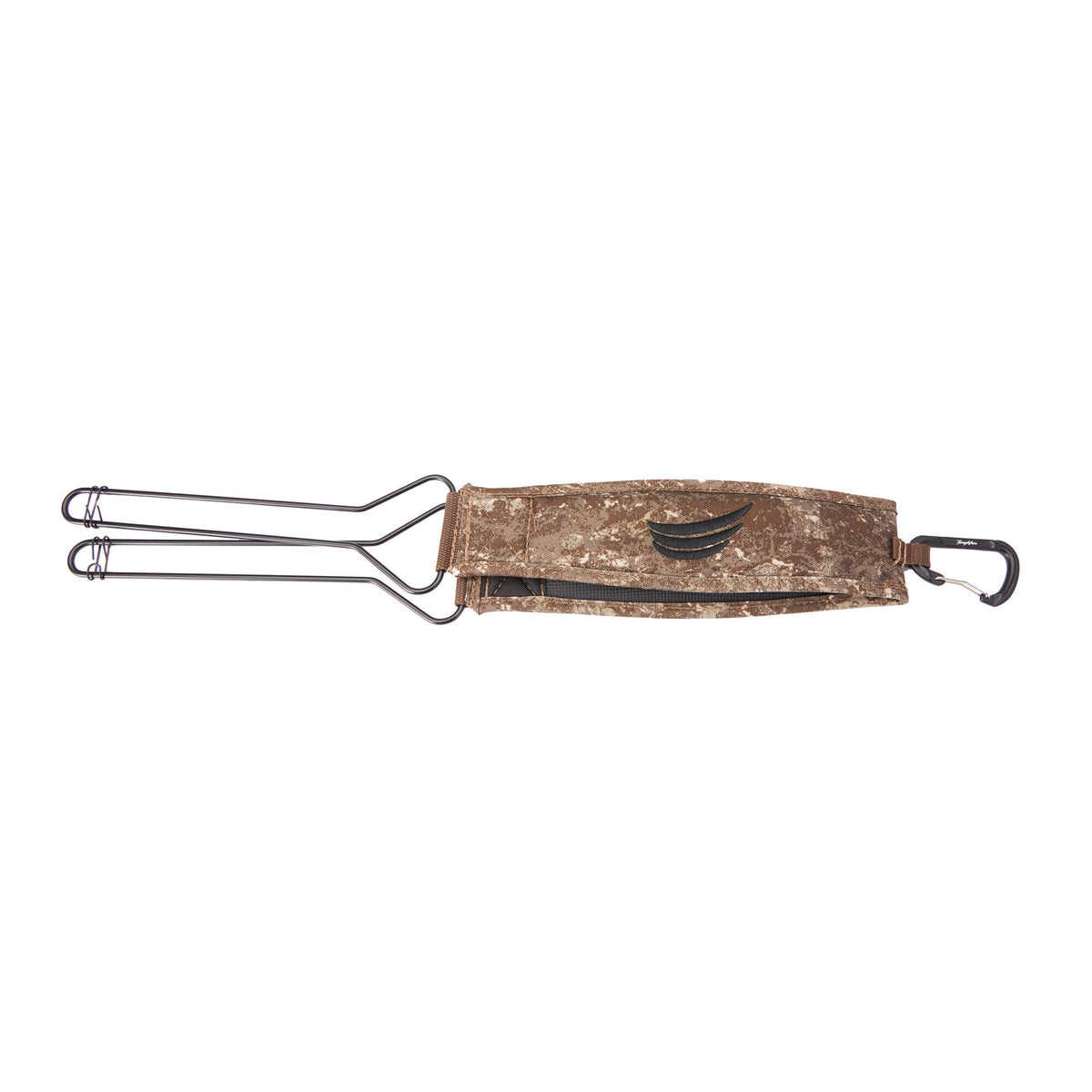 Brown camouflage game strap with three dark metal loops, a black wing logo, a zipper, and an attached carabiner.