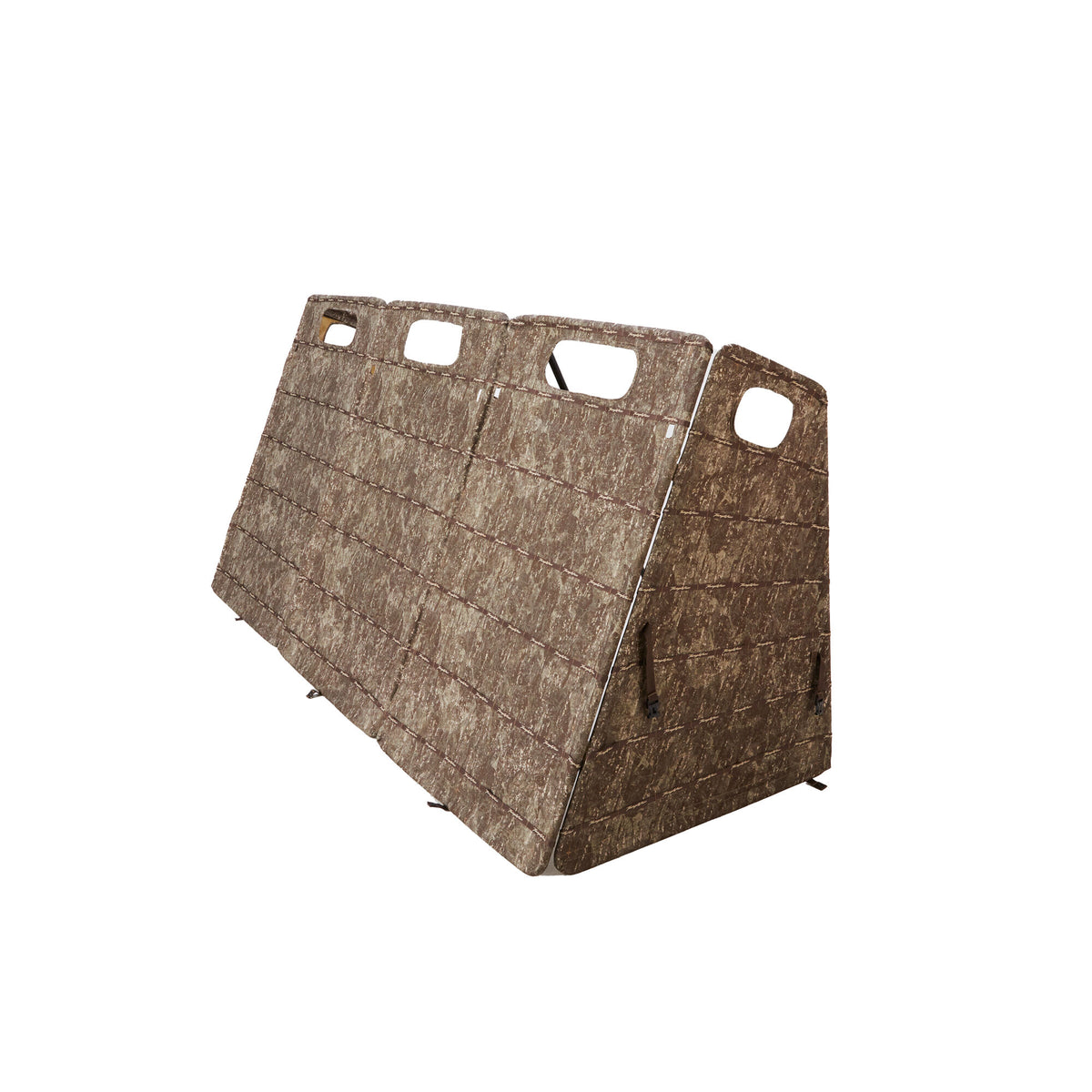 Multi-panel foldable hunting blind in mottled brown and green camouflage with rectangular cut-out openings along the top edge.