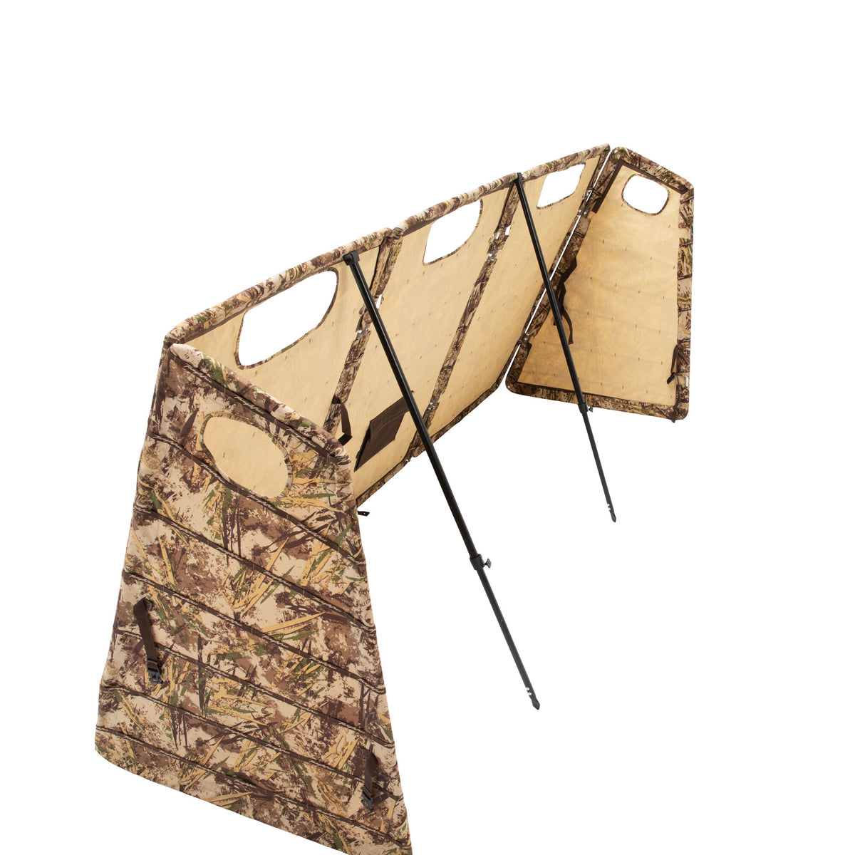 Camouflage hunting ground blind with multiple hinged panels, viewing cutouts, and black support poles.
