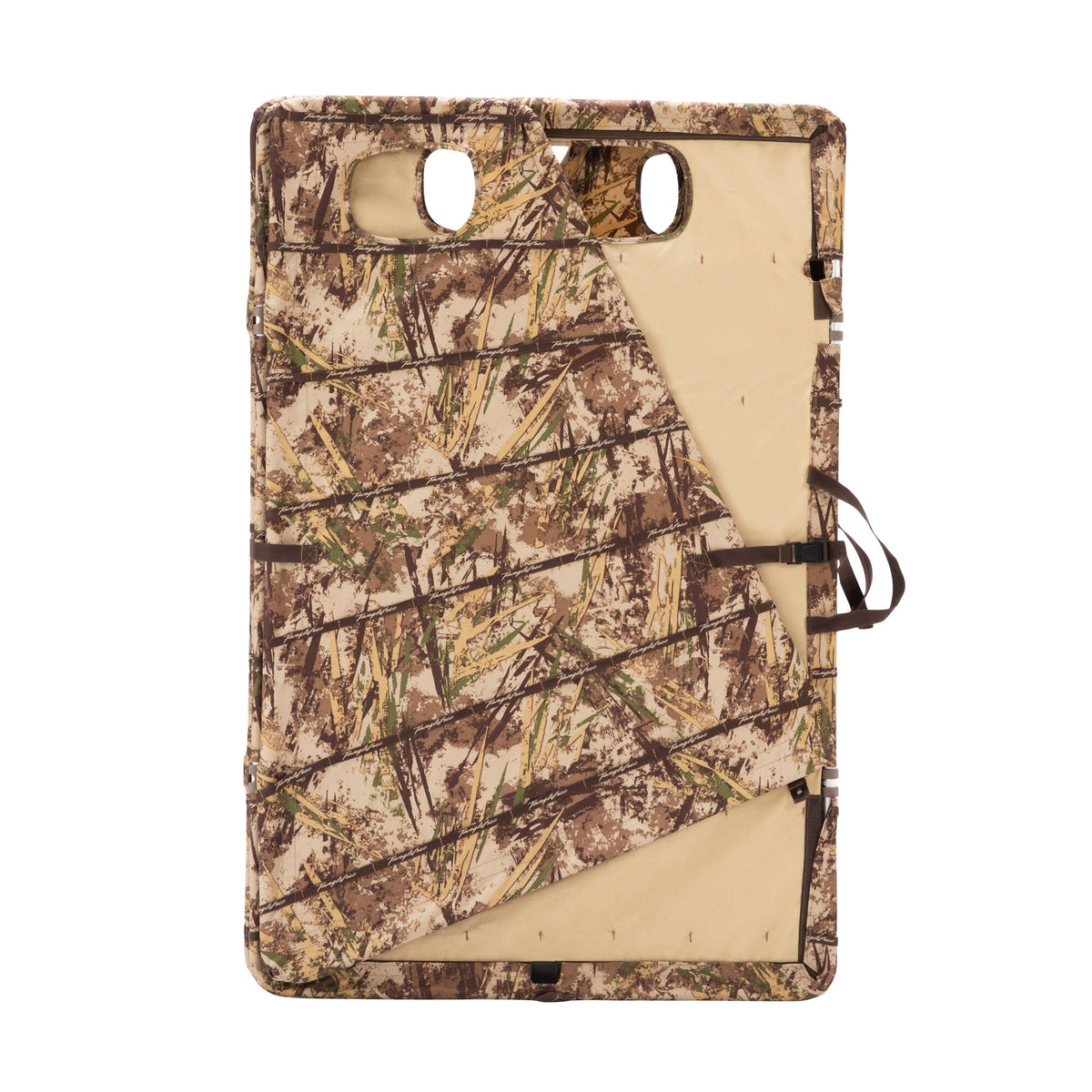 Foldable ground blind panel in brown and green camouflage, featuring two oval cutouts, a tan interior, and side straps.