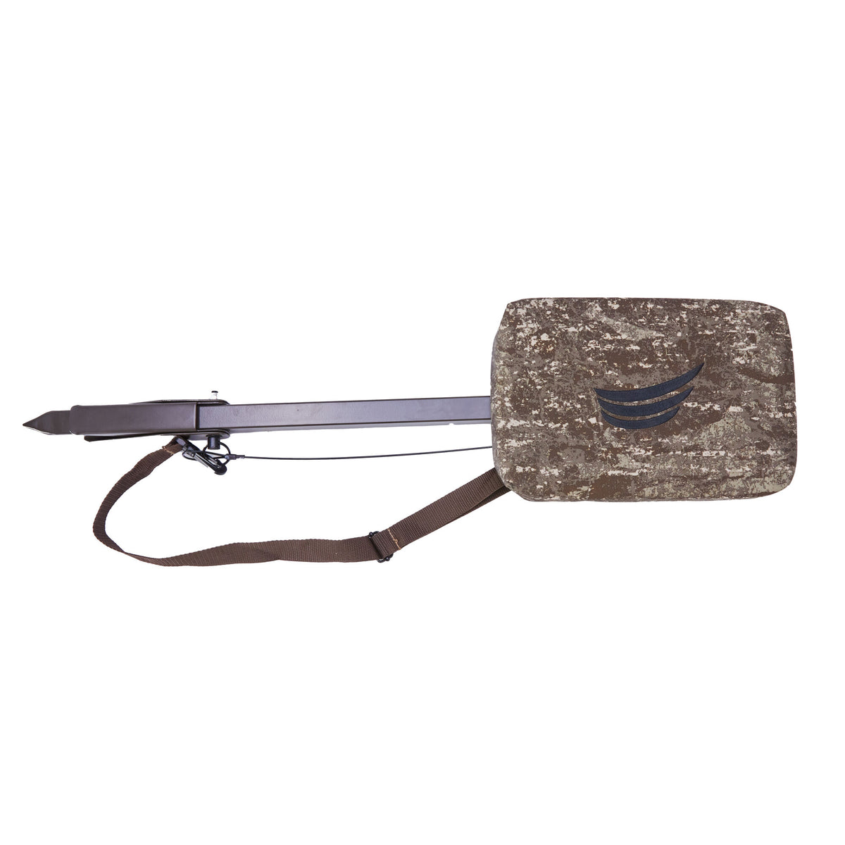 camouflage hunting seat with a dark pole, ground spike, brown shoulder strap, and curved black logo on the cushion.