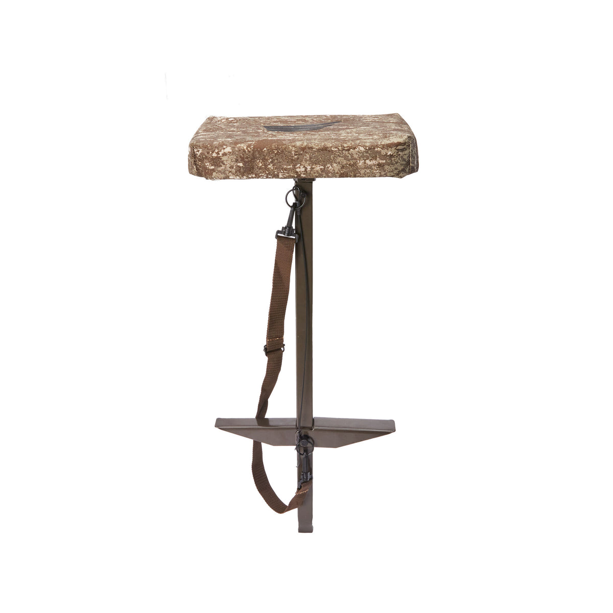 Portable hunting stool with a desert camo padded seat, olive drab central pole, cross-shaped base, and brown carrying strap.