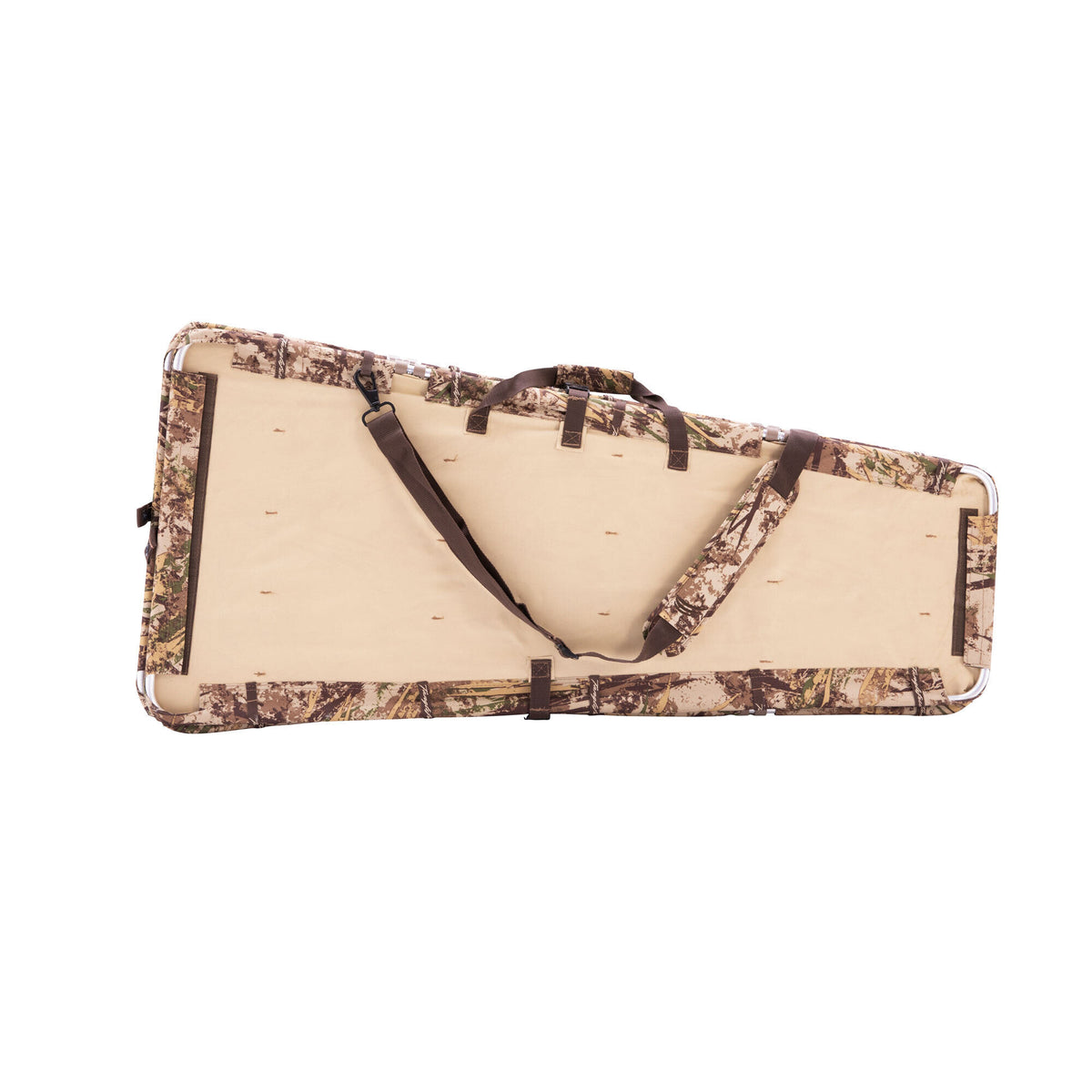 Camouflage blind carrier with tan interior, shoulder strap, carry handles, and a visible silver hard frame.
