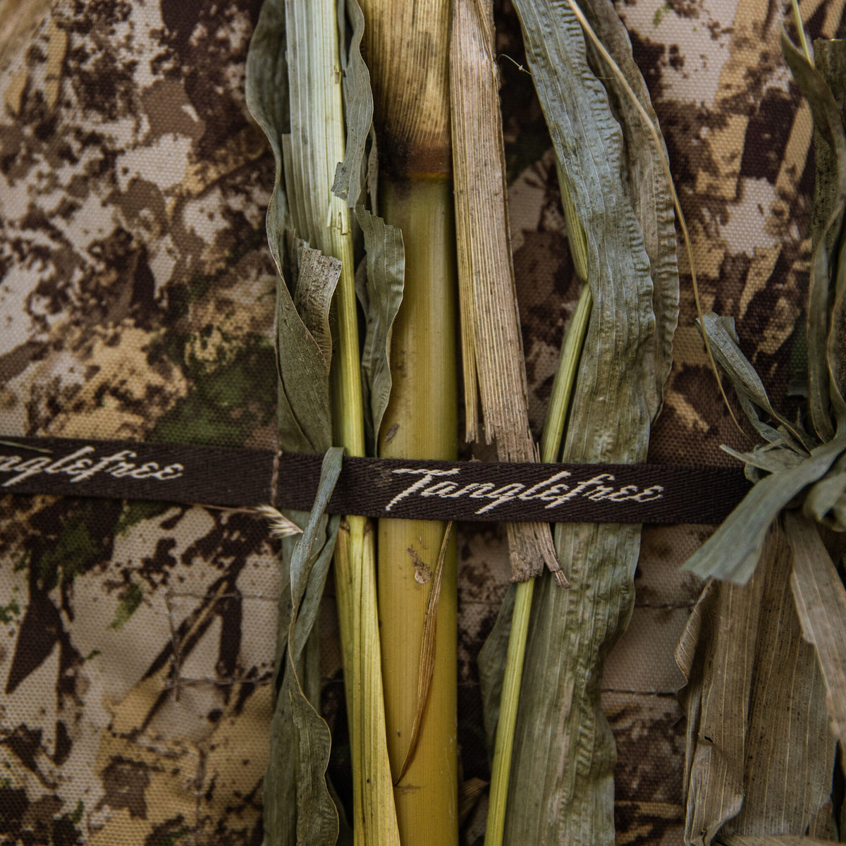 Close-up of a Tanglefree cornfield camouflage hunting blind featuring green and dried corn stalks secured by a branded brown strap.