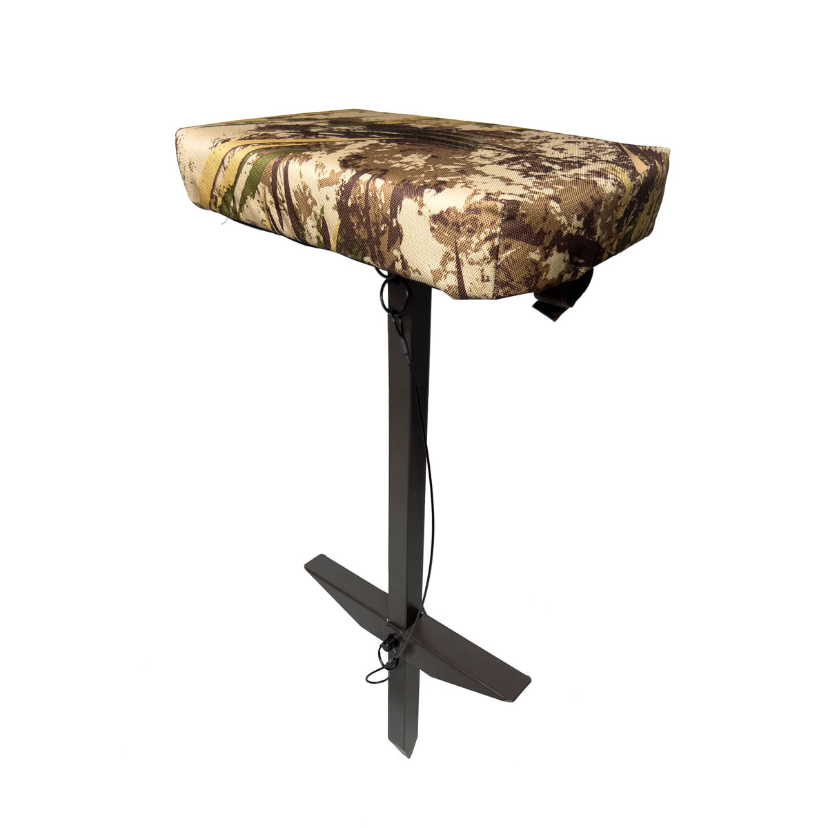 Camouflage padded shooting rest with a dark bronze central post and four-pronged stability base.