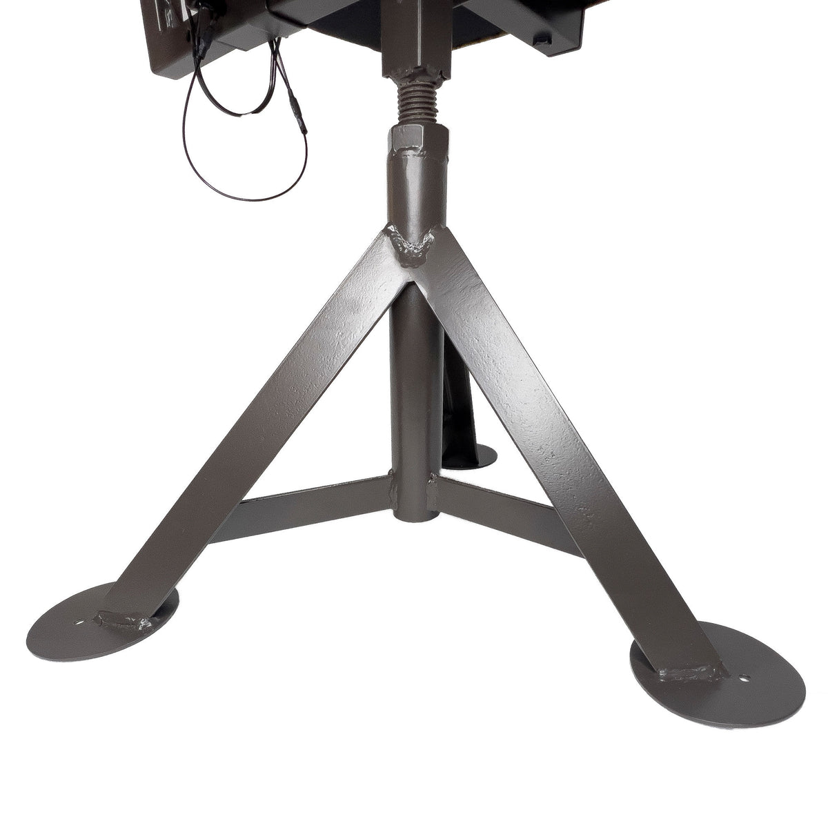 Dark grey metal tripod stand base with a central threaded post for height adjustment and three flat oval feet.