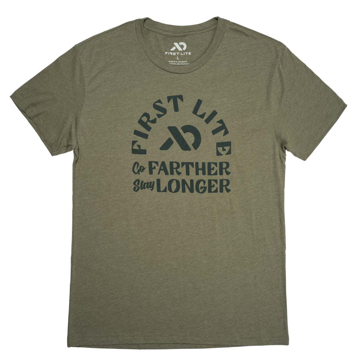 Heather olive green t-shirt with an arched "FIRST LITE" logo and "Go FARTHER Stay LONGER" text printed on the front.