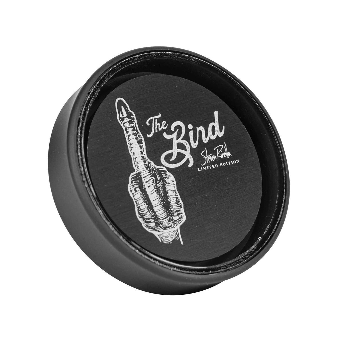 A black round collectible disc features a white illustration of a bird's foot making a middle finger gesture and text "The Bird Steven Rinella LIMITED EDITION."