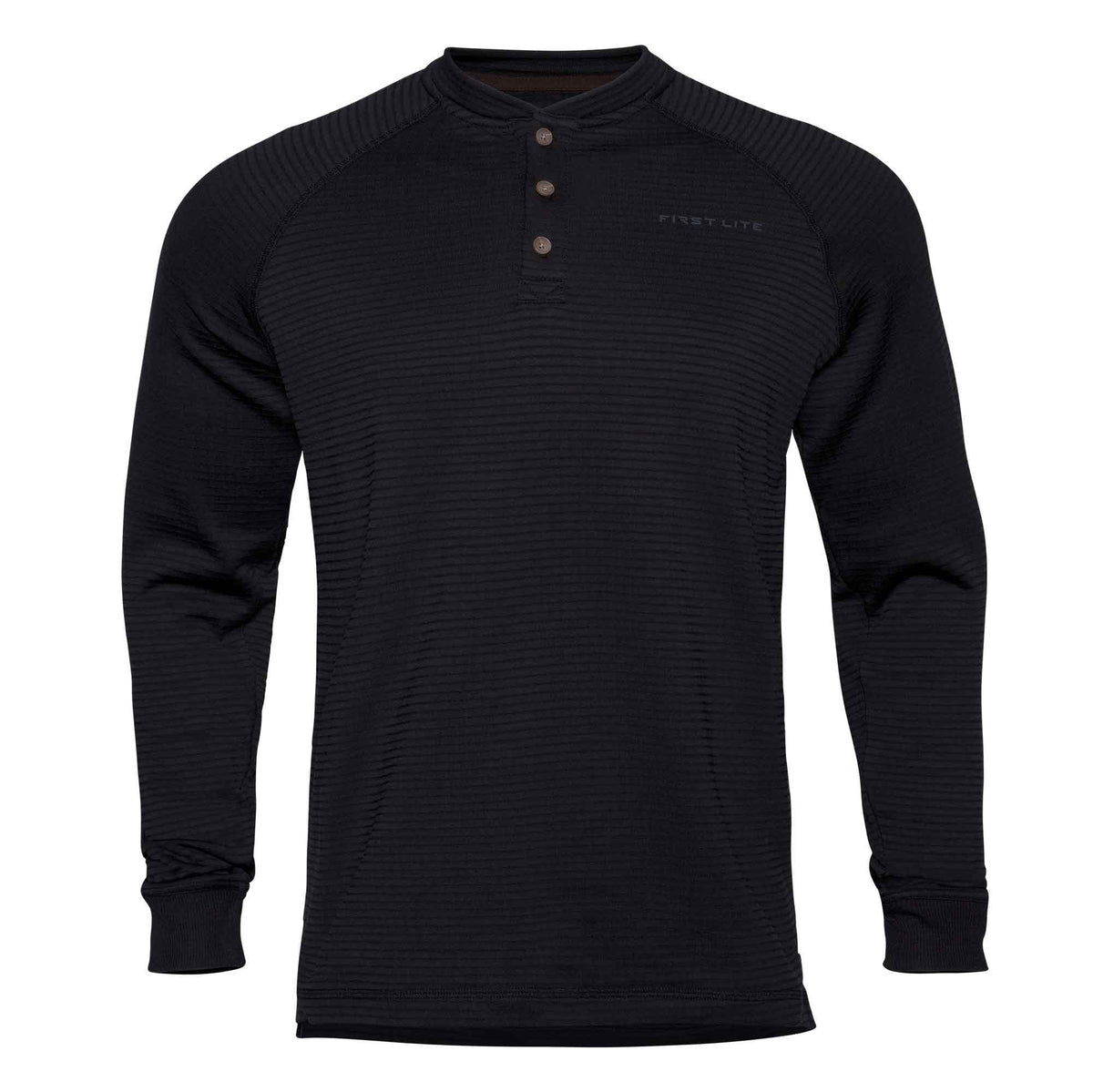 Black First Lite long-sleeve henley shirt with ribbed texture, three brown buttons, and chest logo.