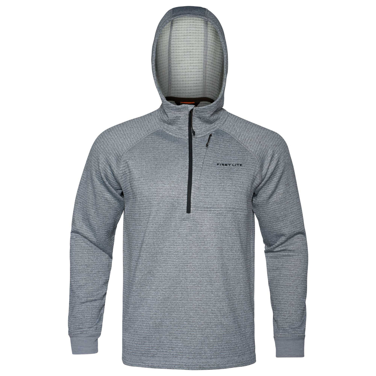 Grey textured quarter-zip hoodie with a black zipper, a small zippered chest pocket, and a "FIRST LITE" logo.