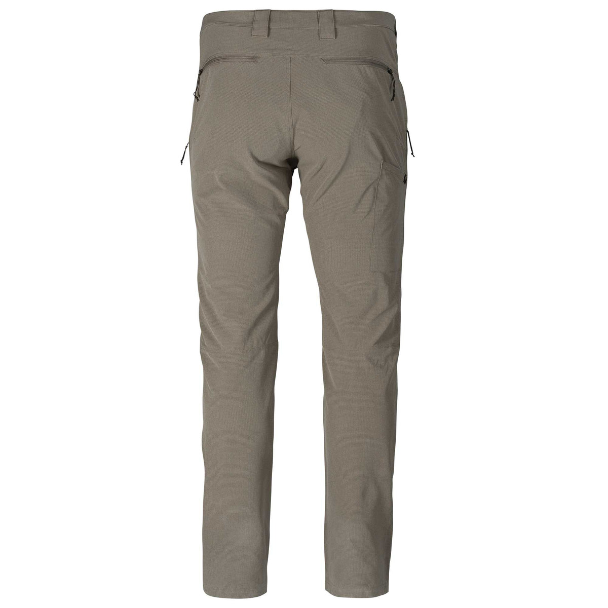 Rear view of Walnut outdoor pants with two zippered back pockets and a zippered right-leg cargo pocket.