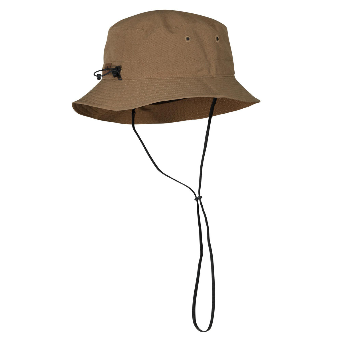 Tan boonie hat with ventilation eyelets and an adjustable black chin strap.