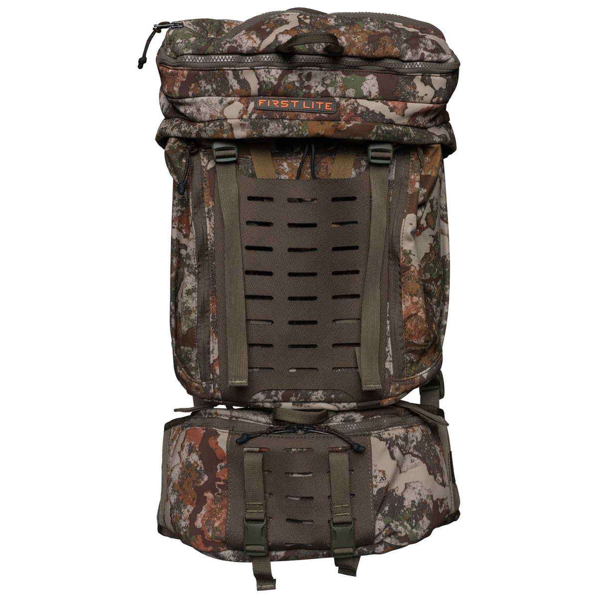 First Lite camouflage hunting backpack with orange logo and front modular webbing system.