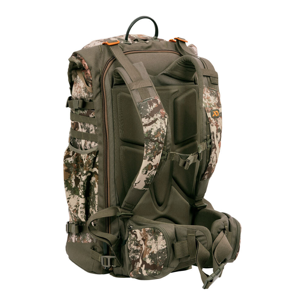 Brown, green, and white camouflage hunting backpack with dark green padded back, shoulder straps, and hip belt pockets, featuring orange accents.