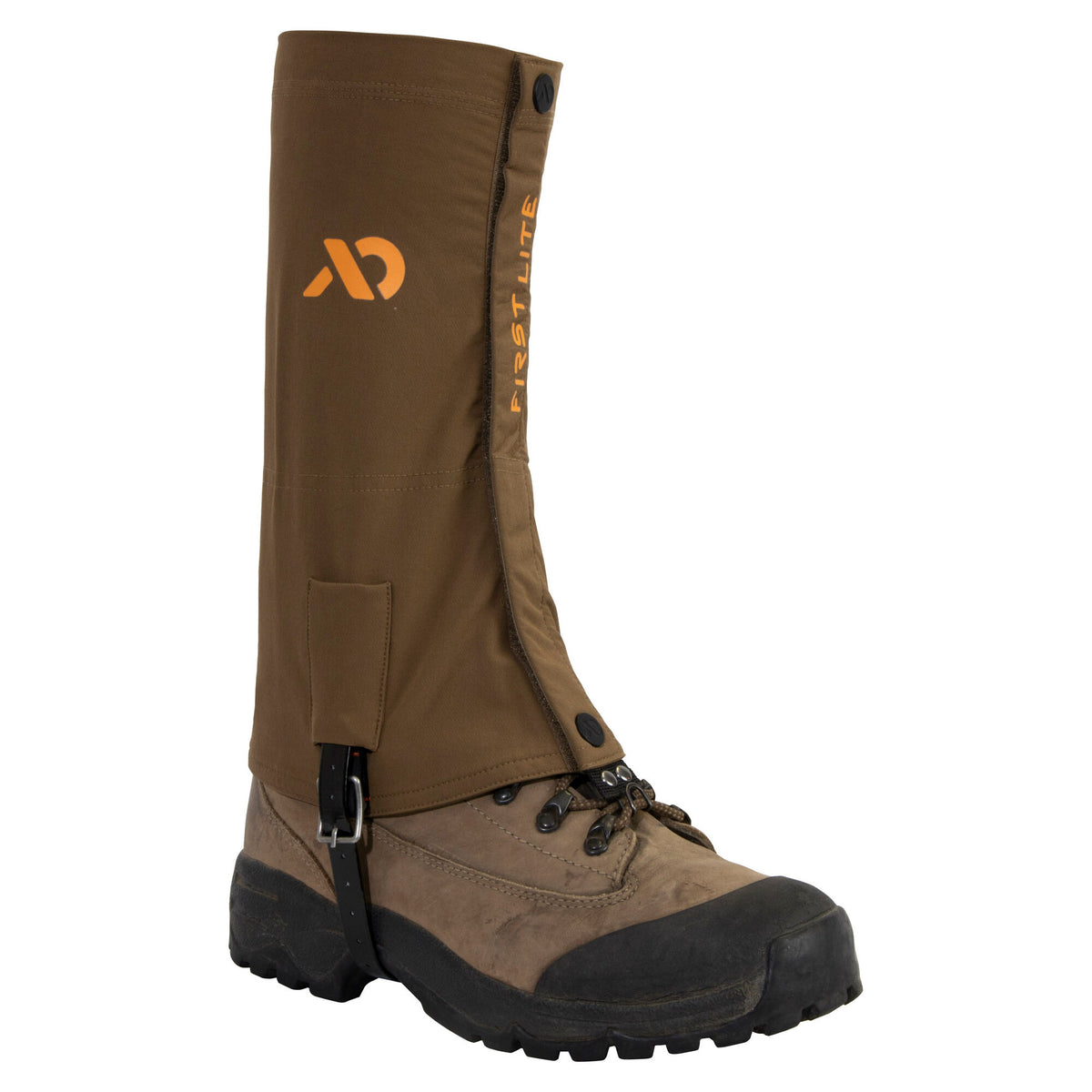 Khaki gaiter with orange FIRST LITE branding, black snap closures, and an under-boot strap, shown on a hiking boot.