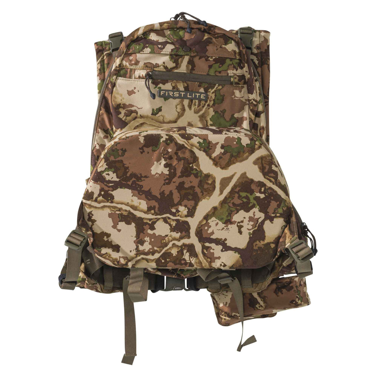 First Lite Fusion camouflage hunting pack with a visible front zippered pocket featuring the First Lite logo.