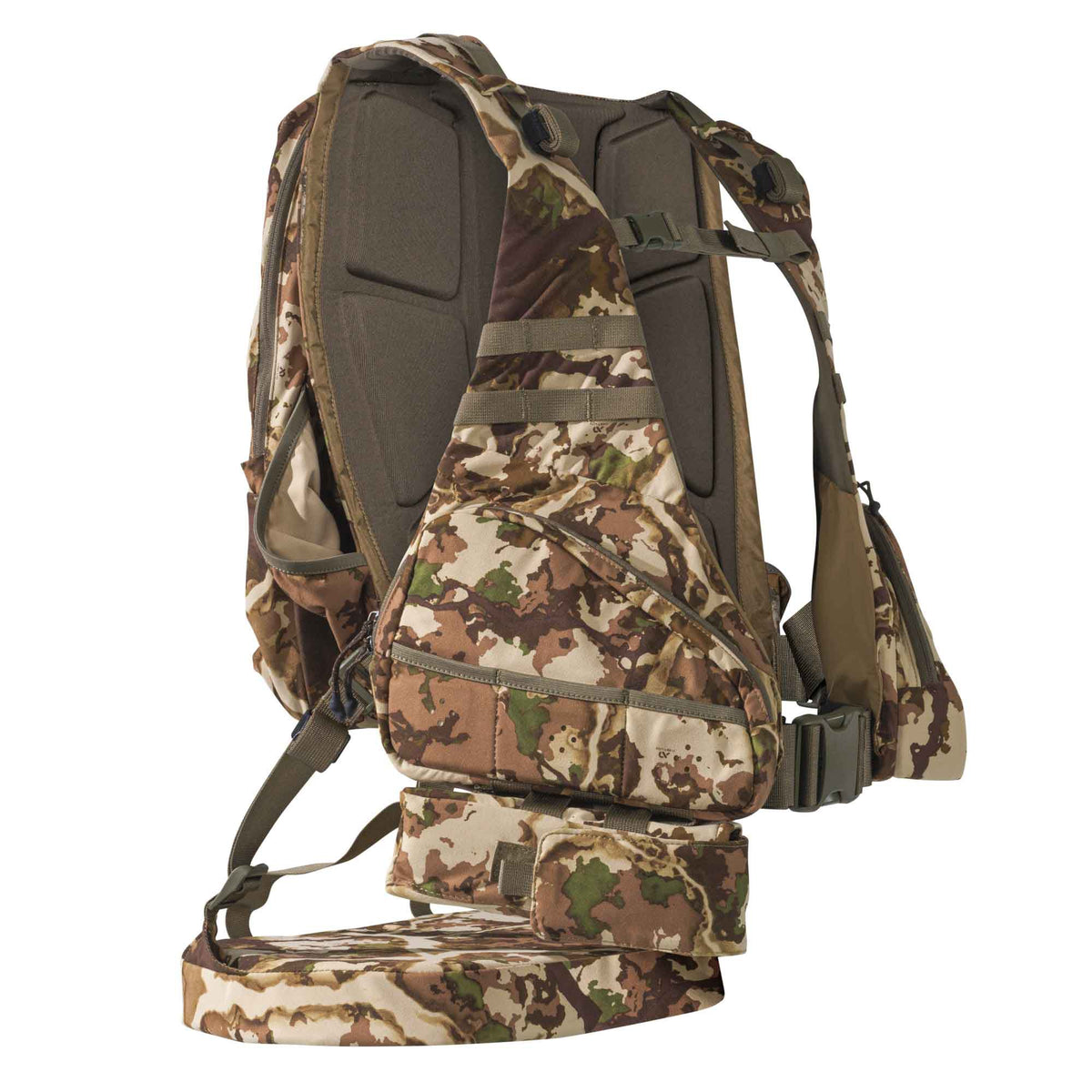 Brown, tan, and green camouflage hunting pack featuring padded shoulder straps, multiple front pouches, and a wide hip belt.