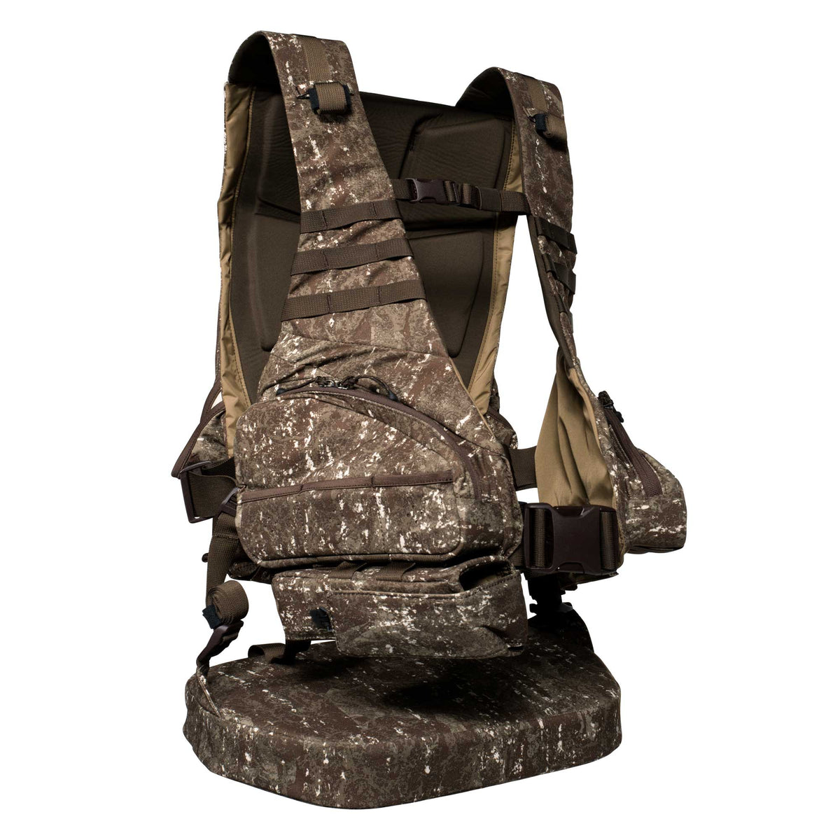 Brown and white speckled camouflage hunting vest with padded back and shoulder straps, multiple front pockets, and an integrated foldable seat.