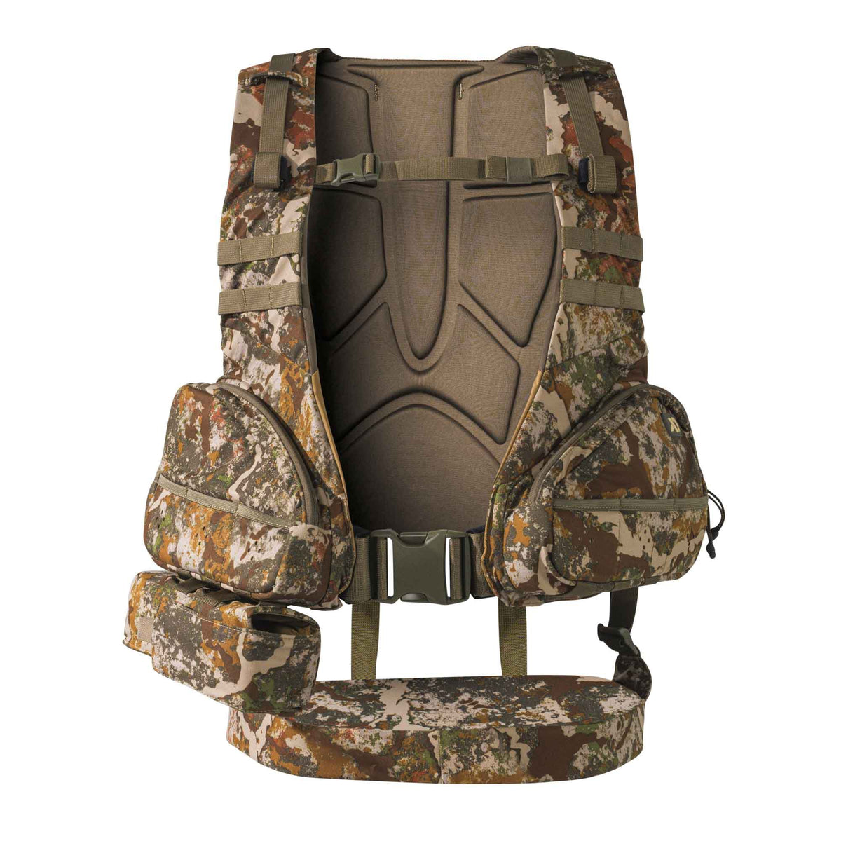 Tan and green camouflage modular backpack system with a padded tan back panel, waist belt, and multiple detachable pockets.